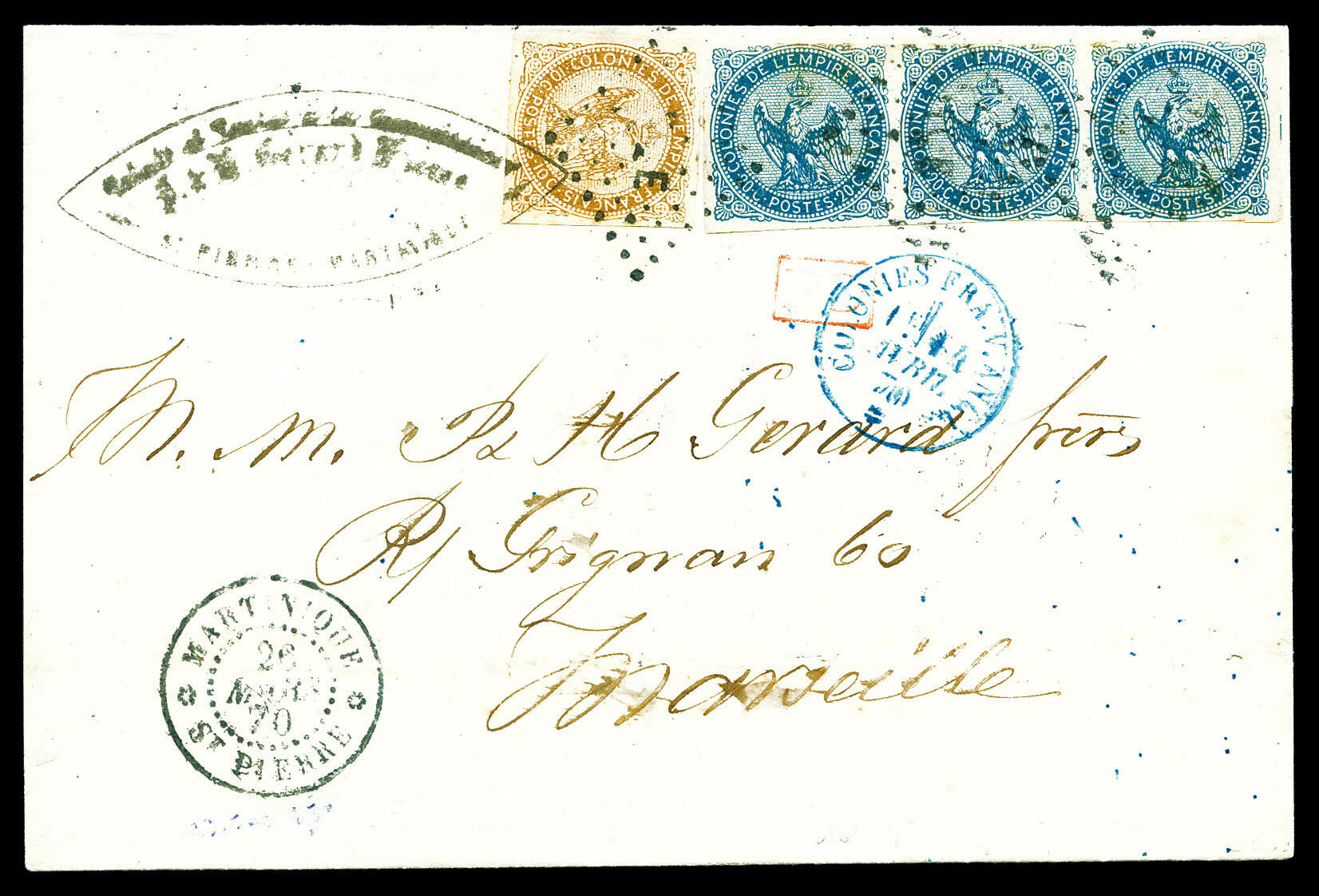 Aigle 20c bleu bande de 3 + 10c bistre, tarif Martinique-France par ...