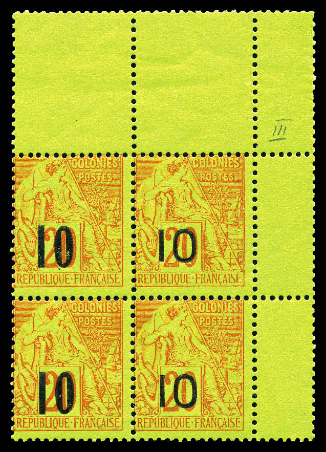 N°4A et 4F, 10 sur 20c brique sur vert: 2 paires Types II et VII se ...