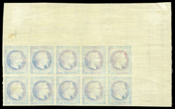 Empire lauré. Mise en train, 80c bleu sur toile en bloc de dix cdf ...