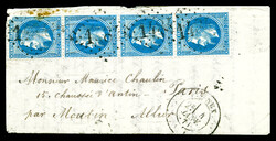 20c Lauré en bande de 4 obl GC 1484 (un timbre perdu par immersion) ...