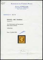 N°9, 10c bistre, nuance soutenue, grande fraîcheur, 4 belles marges ...