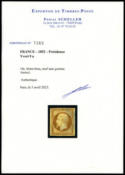 N°9, 10c bistre, aminci, belle présentation. R. (certificats) ...
