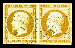N°9, 10c bistre en paire horizontale obl pc 2217, TTB (signé ...