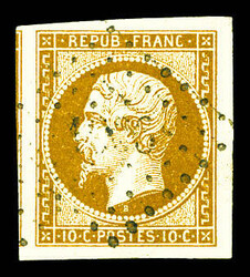 N°9, 10c bistre-jaune obl pc, quatre belles marges avec un voisin. ...