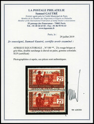 N°99a, 25c rouge-brique et gris-bleu: Double surcharge dont une à ...