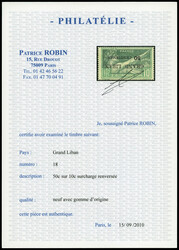 N°18a, 50c sur 10c: surcharge renversée. SUP. R. (certificats) ...