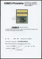 N°71a, 1fa.12ca sur 75c bleu noir: Double surcharge, bord de feuille ...