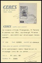 N°131, 2 fa 9ca sur 25c outremer et rouge-orange surchargé 'FRANCE ...