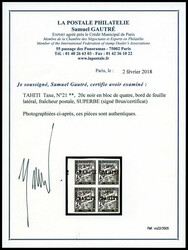 N°21, 20c noir en bloc de quatre, bord de feuille latéral, ...