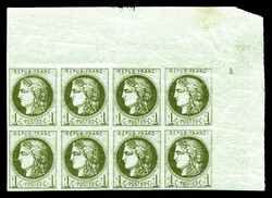 N°39A, 1c olive Report 1 en bloc de 8 coin de feuille avec chiffre ...