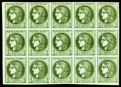 N°39A, 1c olive Report 1, bloc report de 15 exemplaires (4 ex*), ...