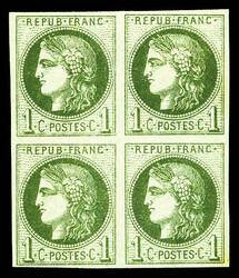 N°39Aa, 1c olive foncé report 1 en bloc de quatre, quasi **. TB ...