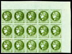 N°39B, 1c olive Report 2 en bloc report complet de 15 exemplaires ...