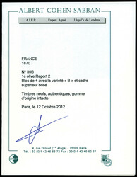 N°39B, 1c olive Rep 2, bloc de quatre avec variété 'B' et cadre ...