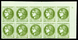 N°39C, 1c olive Report 3 en bloc de dix coin de feuille avec petit ...
