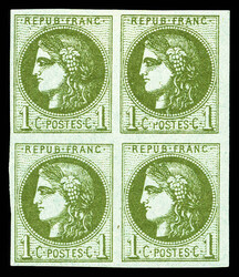 N°39C, 1c olive Report 3 en bloc de 4 (2ex *), fraîcheur postale. ...