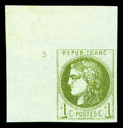 N°39C, 1c olive Report 3, coin de feuille avec petit chiffre '9' en ...