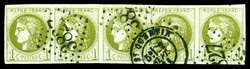 N°39C, 1c olive Report 3, bande de 5 exemplaires obl GC 3827 + càd ...