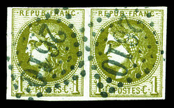 N°39Cc, 1c olive bronze en paire obl GC 2610. TTB (signé ...