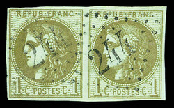 N°39Cc, 1c olive-bronze Rep 3 obl GC '244' en paire. TB (signé ...