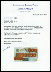 N°6/4, Paire du 25c bleu et 1F carmin en bande de 7 avec ...