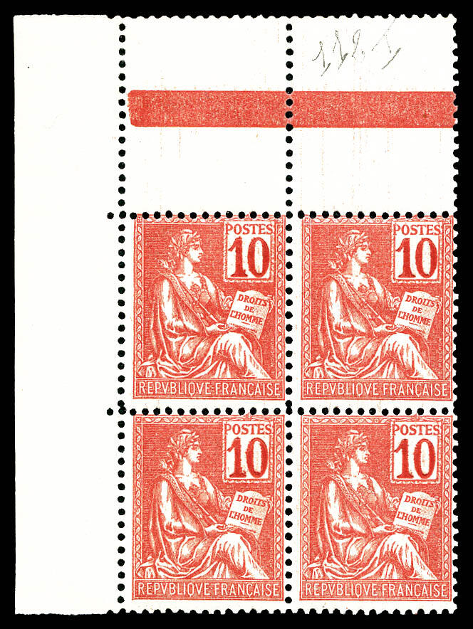N°112, 10c Mouchon type I, bloc de quatre coin de feuille. TB ...