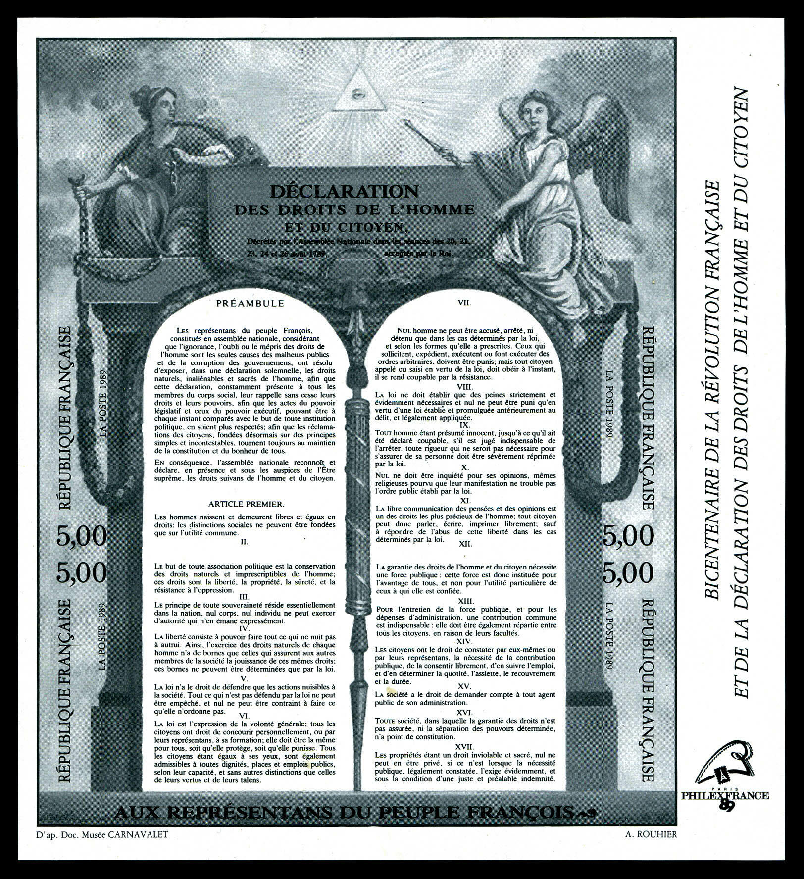 N°11b, Bicentenaire de la révolution: feuillet en NOIR non dentelé ...