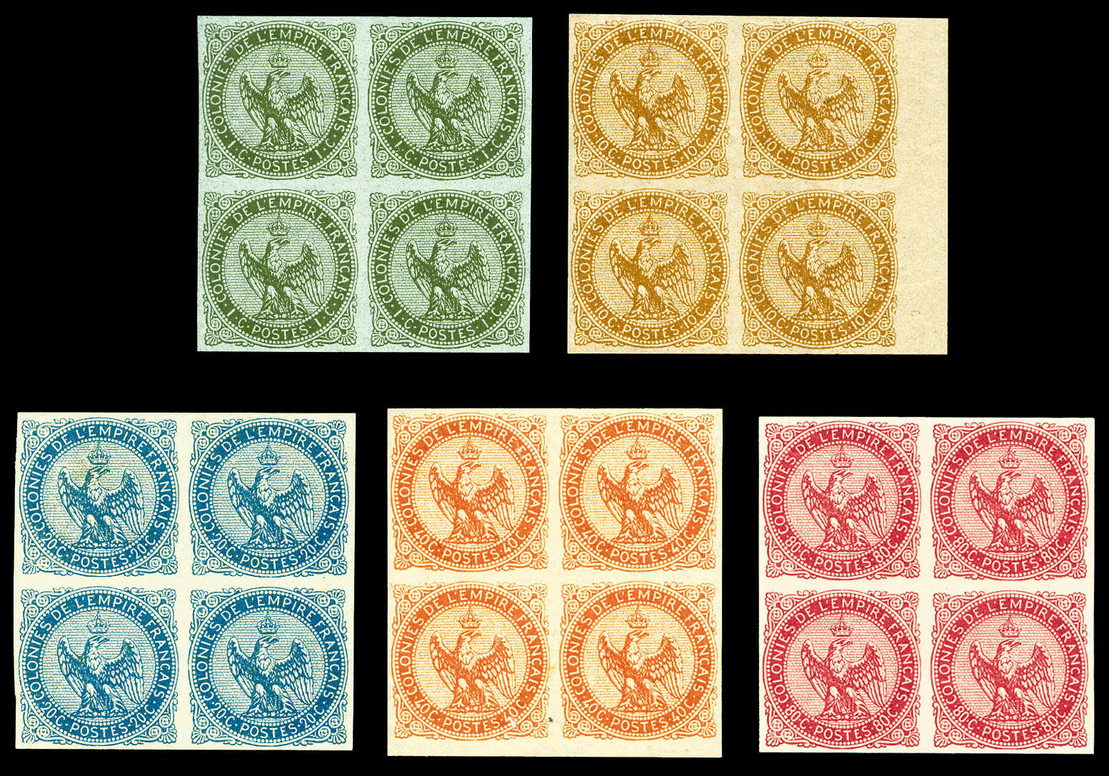 N°1/6, N°1 et 3 à 6, les 5 valeurs en blocs de quatre TTB ...