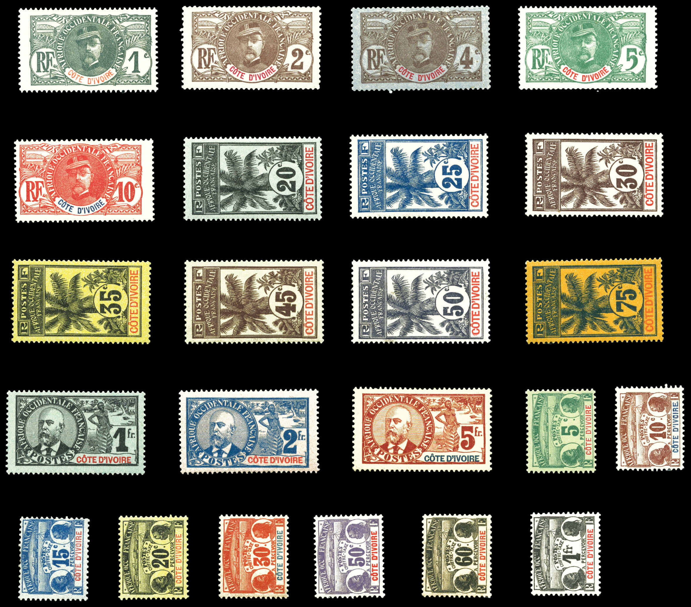 N°21/35, Série Palmiers Taxe/Poste, les 15 valeurs TB (certificat) ...