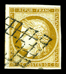 N°1, 10c bistre, oblitération grille légère, TB (signé ...