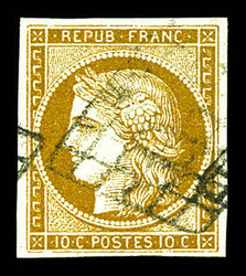N°1, 10c bistre-jaune, obl grille légère. TTB (certificat) ...
