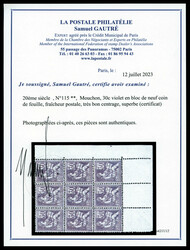 N°115, Mouchon, 30c violet en bloc de neuf coin de feuille, ...