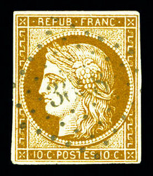 N°1, 10c bistre-jaune obl PC. TB Qualité: Oblitéré Cote: 365 euros