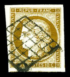 N°1a, 10c bistre-brun, un voisin, obl grille, jolie pièce. TTB ...