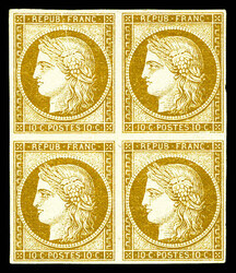 N°1, 10c bistre jaune en bloc de quatre, très frais. SUP. R.R. ...