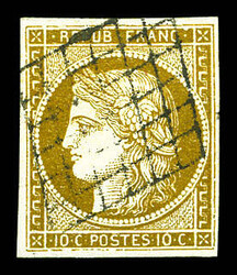 N°1c, 10c bistre-verdâtre foncé obl grille, jolie couleur. TTB ...