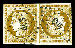 N°1d, 10c bistre-brun en paire tête-bêche obl pc, des défauts ...
