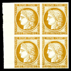 N°1f, 10c bistre, impression de 1862 en bloc de quatre, bord de ...