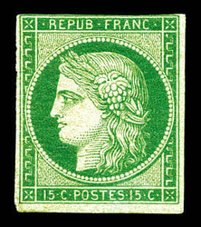 N°2, 15c vert, marge courte en haut mais filet intact, très frais. ...