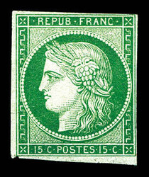 N°2, 15c vert, pelurage au verso sinon TB. R. (certificats) Qualité ...