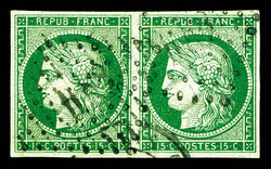 N°2, 15c vert, en paire horizontale. SUPERBE. R. (signé ...