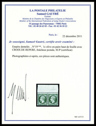 N°19, 1c olive en paire haut de feuille avec CROIX DE REPERE, ...