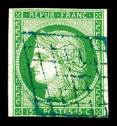 N°2, 15c vert oblitération grille bleue, legers défauts, obl rare. ...