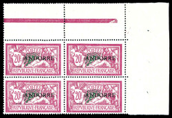 N°23, 20F lilas-rose en bloc de 4 coin de feuille. SUP (certificat) ...