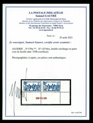 N°159a, 1F +2f bleu, double surcharge en paire coin de feuille daté ...