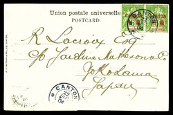 N°5, 5c vert-jaune en paire obl CANTON sur CP du 22.12.04 à ...