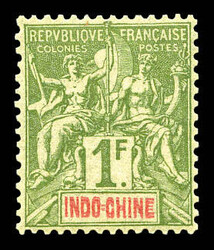 N°15a, 1F olive 'Double légende INDO-CHINE'. Fraicheur postale. ...