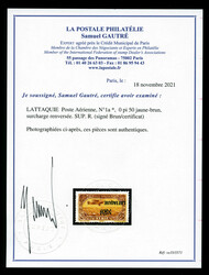 N°1a, 0 pi 50 jaune-brun, surcharge renversée. SUP. R. (signé ...