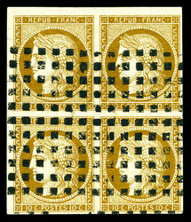 N°1, 10c bistre-brun, bloc de quatre oblitération gros points, ...