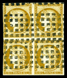 N°1, 10c bistre-brun, bloc de quatre oblitération gros points, ...